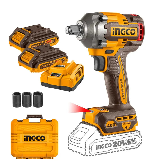 PISTOLA DE IMPACTO BL +2BAT 2AH Y CARG INDUSTRIAL 1/2" 20V/400NM INGCO (CIWLI2040)