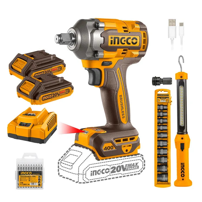 PISTOLA DE IMPACTO BL 1/2" 20V/400NM +2BAT +10 DADOS +LINTERNA INGCO (COSLI23048)