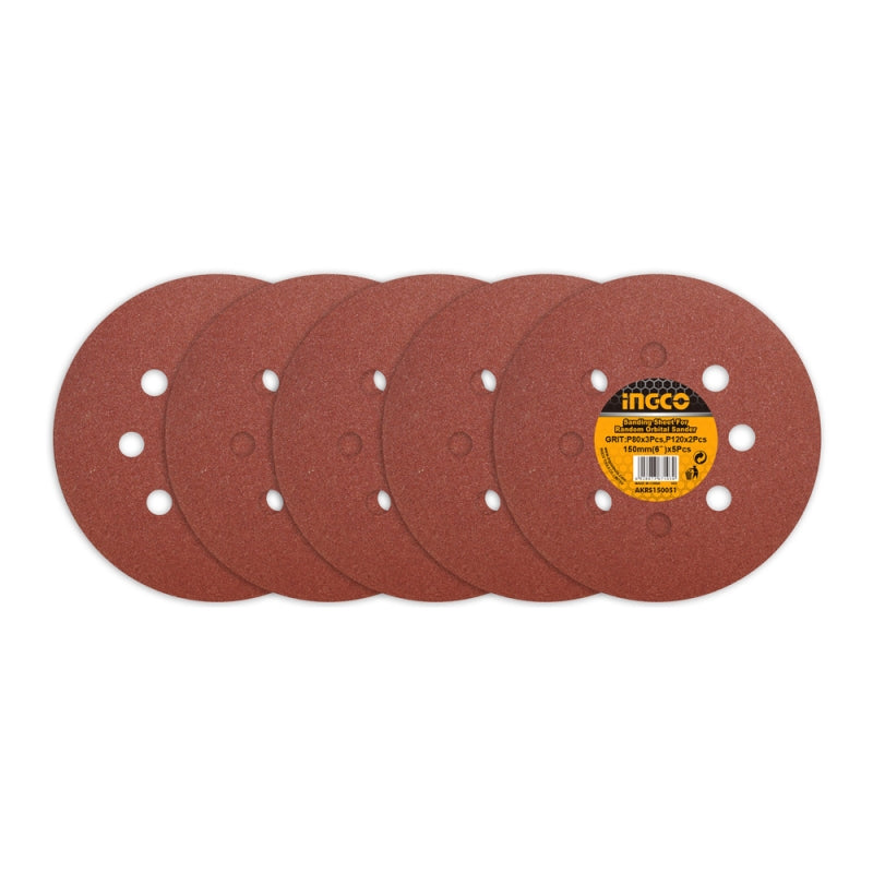 SET DISCOS DE LIJA 150 MM PARA ROTO ORBITAL 5 UNI. INGCO (AKRS150051)