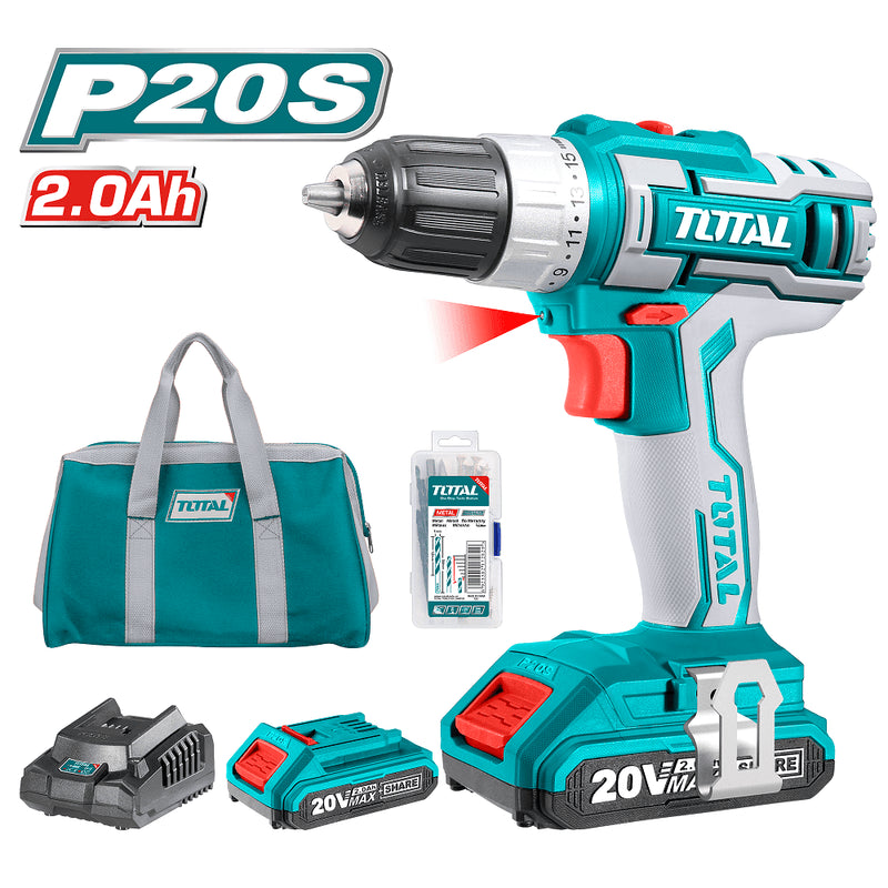 TALADRO INALAMBRICO TOTAL 20V - 10MM - 1500 RPM C/LED + 2 BATERIAS + 1 CARGADOR (TDLI2002)