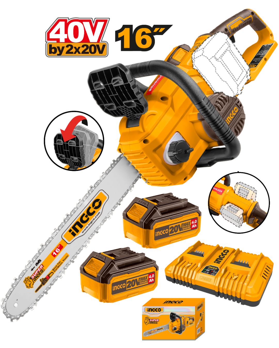 MOTOSIERRA BL INDUSTRIAL + 2 BAT 4AH Y CARG RAP DOBLE 40V/16'' INGCO (CGSLI401682)