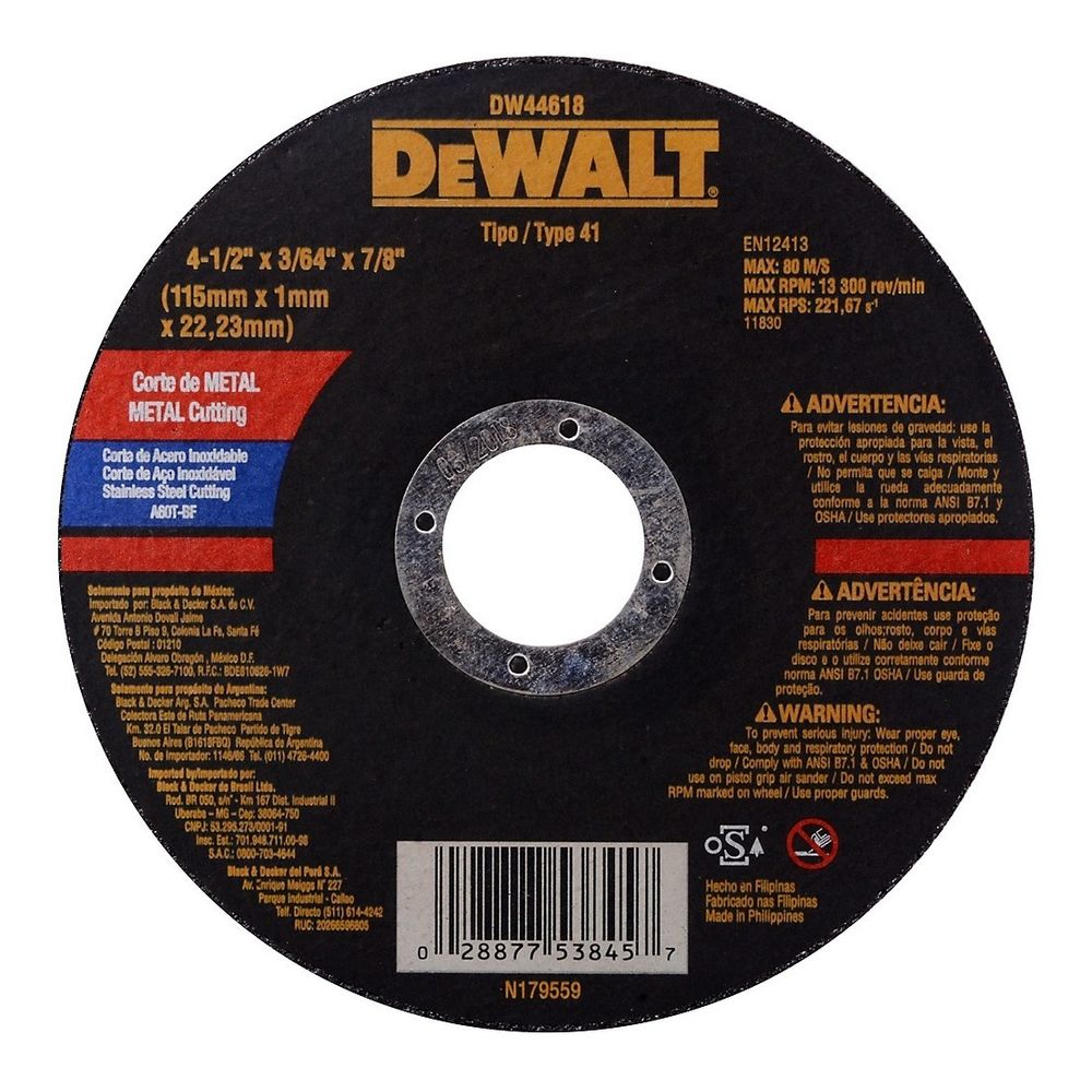 DISCO DE CORTE METAL DEWALT 4 1/2´´ X 7/8´´ (DW44618)