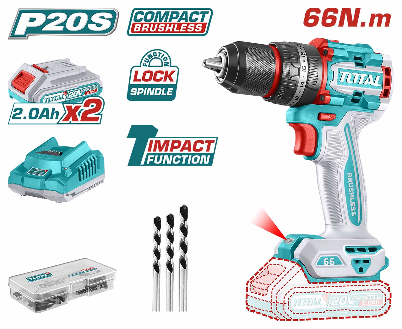 TALADRO INAL.DE IMPACTO 13MM 20V 66NM TOTAL (TIDLI20668)