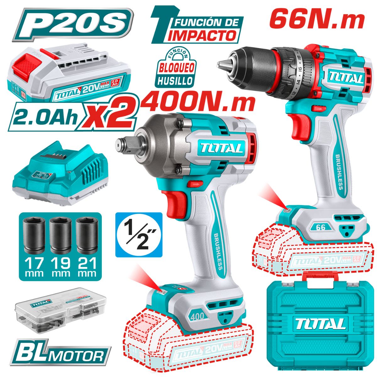 KIT TALADRO IMPACTO + LLAVE IMPACTO TOTA 20V (TCKLI20275)