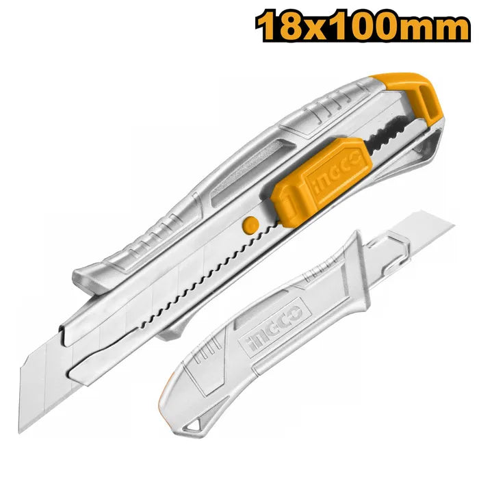 CUCHILLO CARTONERO ALUMINIO PULSADOR PLANO 18X100MM INGCO SS(HKNS11807)