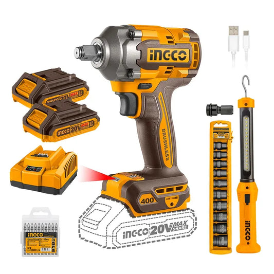 PISTOLA DE IMPACTO BL 1/2" 20V/400NM +2BAT +10 DADOS +LINTERNA INGCO (COSLI23048)