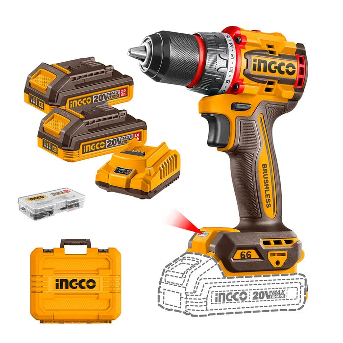 TALADRO ATO BL INDUSTRIAL CP +2 BAT Y CARG +47 ACCE 20V/13MM INGCO (CDLI20602)