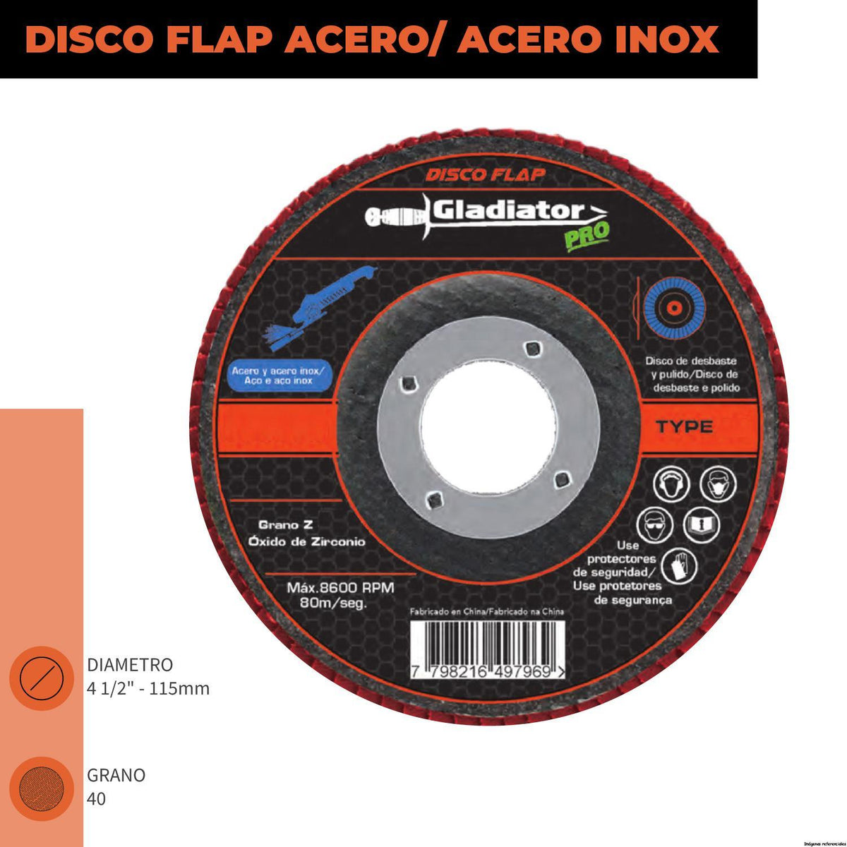 DISCO FLAP GLADIATOR 4 1/2´´ ACERO Y ACERO INOX GR 80 (DFZ 811580)