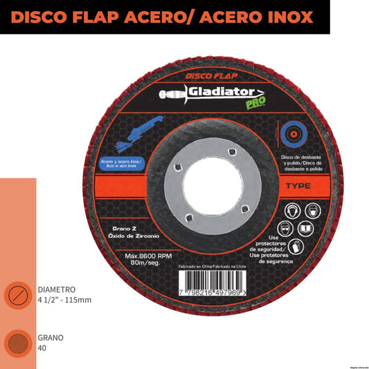 DISCO FLAP GLADIATOR 4 1/2´´ ACERO Y ACERO INOX GR 80 (DFZ 811580)