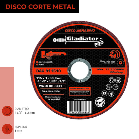 DISCO CORTE 4 1/2´´ X 1,2mm GLADIATOR ACERO INOX (DAC 511512)