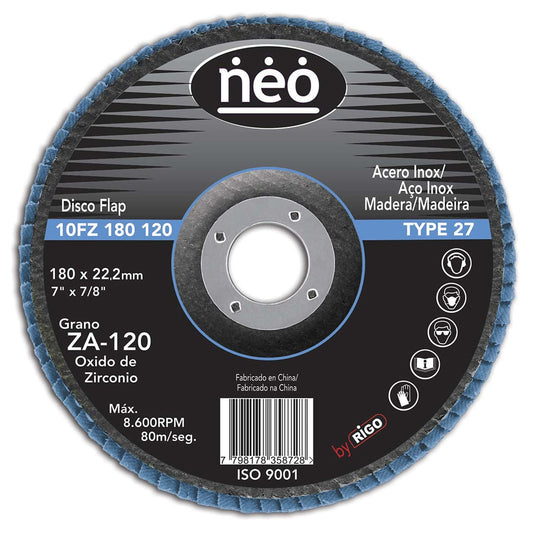 DISCO FLAP NEO 7´´ X 7/8´´ ACERO INOX MADERA GR 120 (7FZ 180 120)
