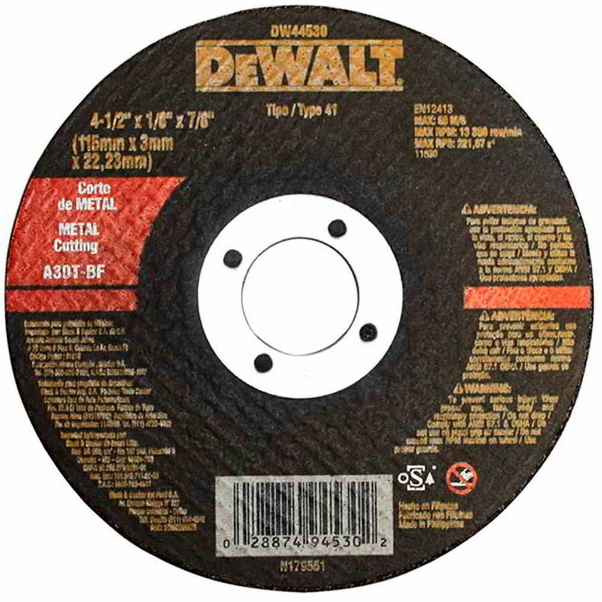 DISCO DESBASTE METAL DEWALT 4 1/2´´ X 1/4´´ X 7/8´´ (DW44540)