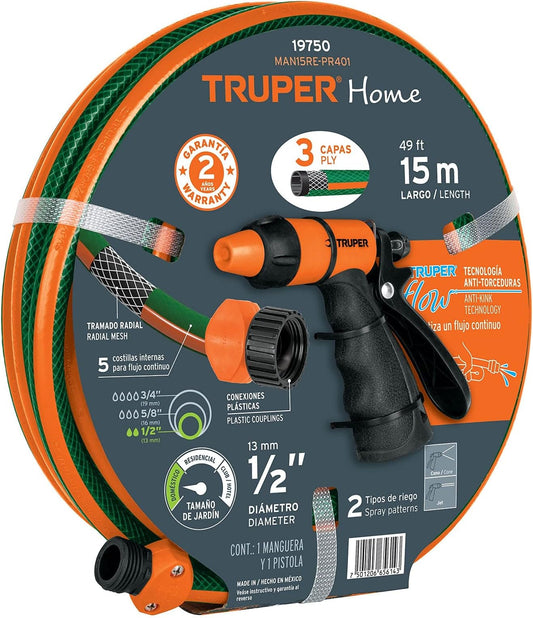 MANGUERA 15 M Y PISTOLA PLÁSTICA TRUPER(MAN15RE-PR401)