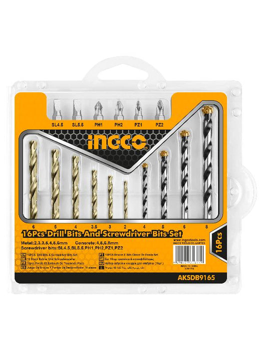 JUEGO DE BROCAS CONCRETO + ACERO Y PUNTAS 16PZAS INGCO (AKSDB9165)