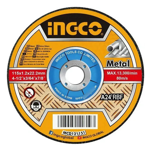 DISCO DE CORTE METAL 4 1/2´´ 115MM PACK 25 UNIDADES INGCO (MCD1211525)