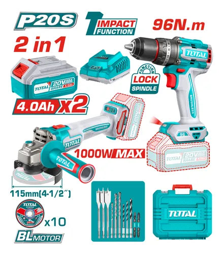KIT TALADRO+ESMERIL INAL 20V TOTAL (TOSLI241298)