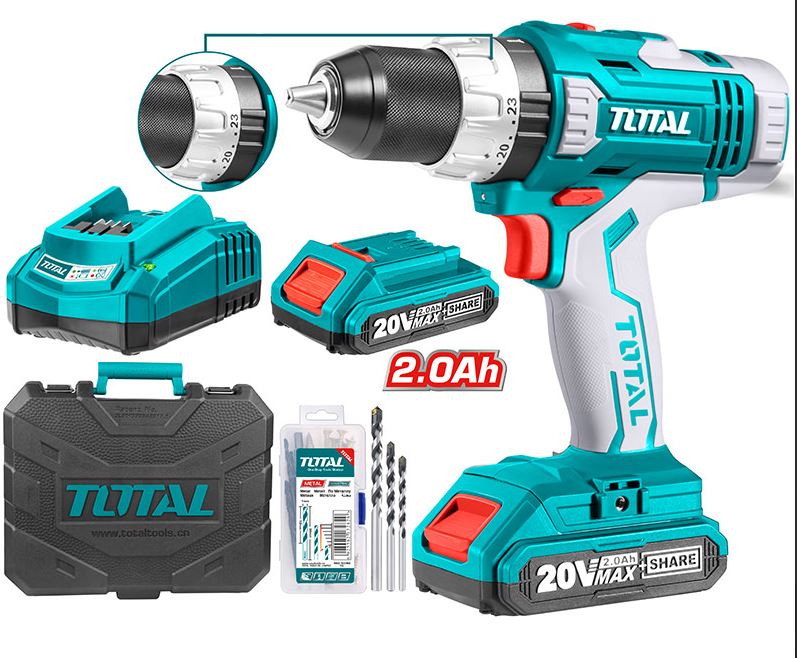 TALADRO INALAMBRICO TOTAL 20V - 13MM - 1900 RPM C/LED + 2 BATERIAS + 1 CARGADOR (TDLI2003)