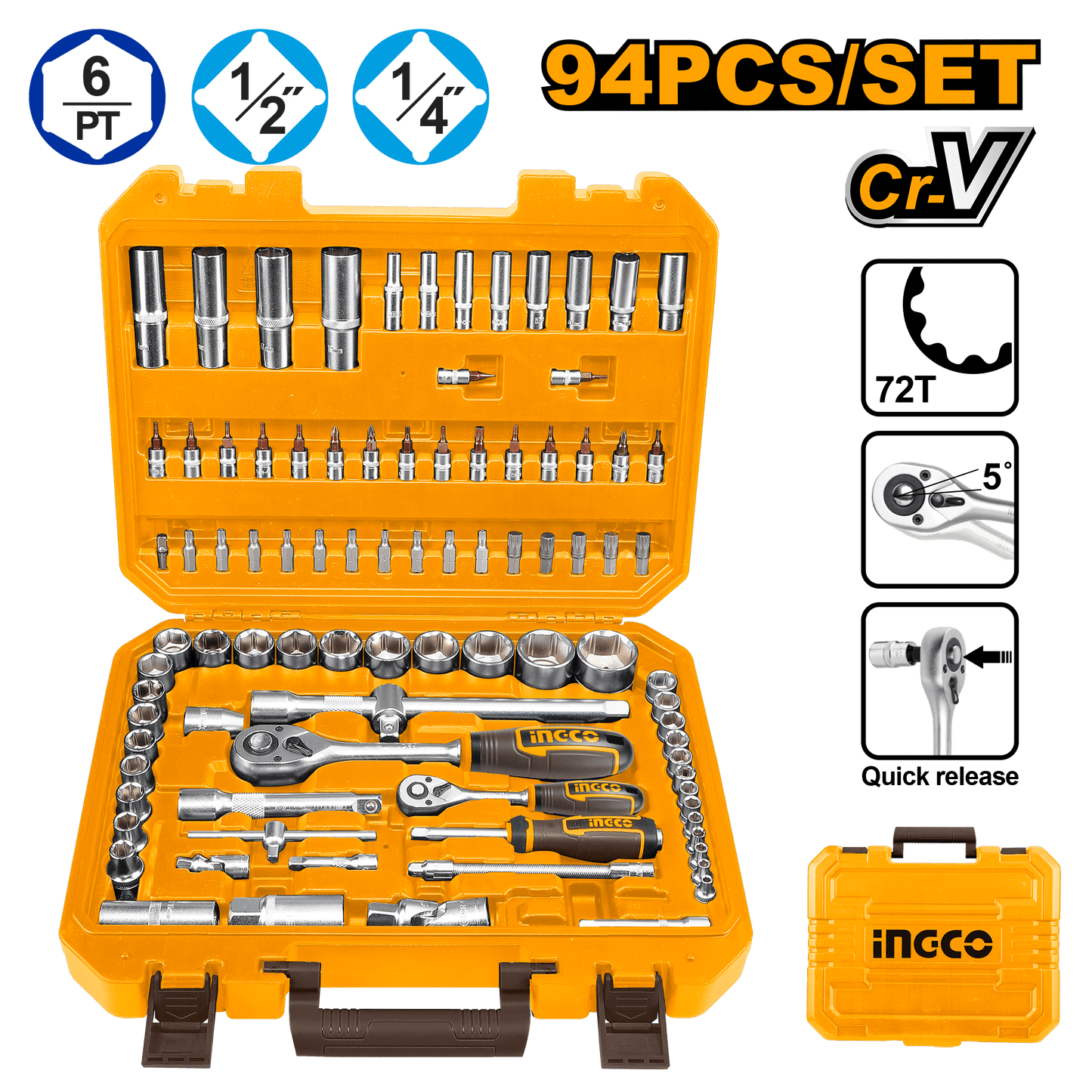SET DE HERRAMIENTAS 142PCS 1/2´´ + 3/8´´ + 1/4´´ INGCO (HKTHP21421)