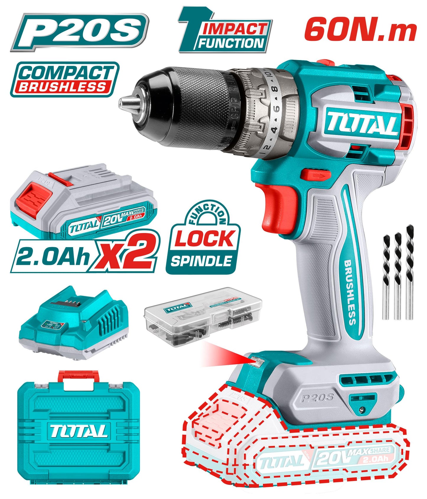 TALADRO IMPACTO 13MM INALAMBRICO BL 20V +2BAT +1CARG+MALETA   (TIDLI20602)