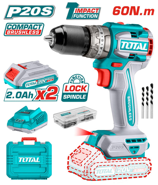 TALADRO IMPACTO 13MM INALAMBRICO BL 20V +2BAT +1CARG+MALETA   (TIDLI20602)
