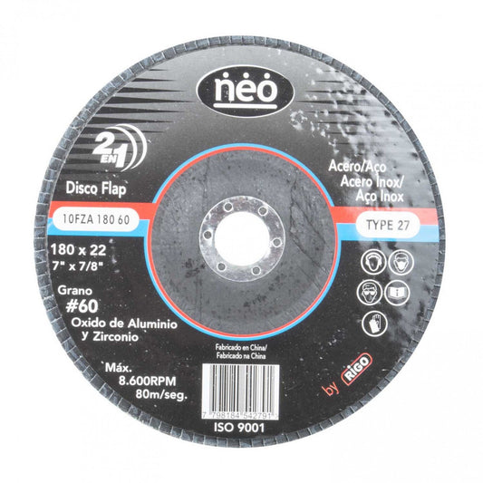 DISCO FLAP NEO 7´´ X 7/8´´ ACERO Y ACERO INOX GR 40 (10FZA 180 40)