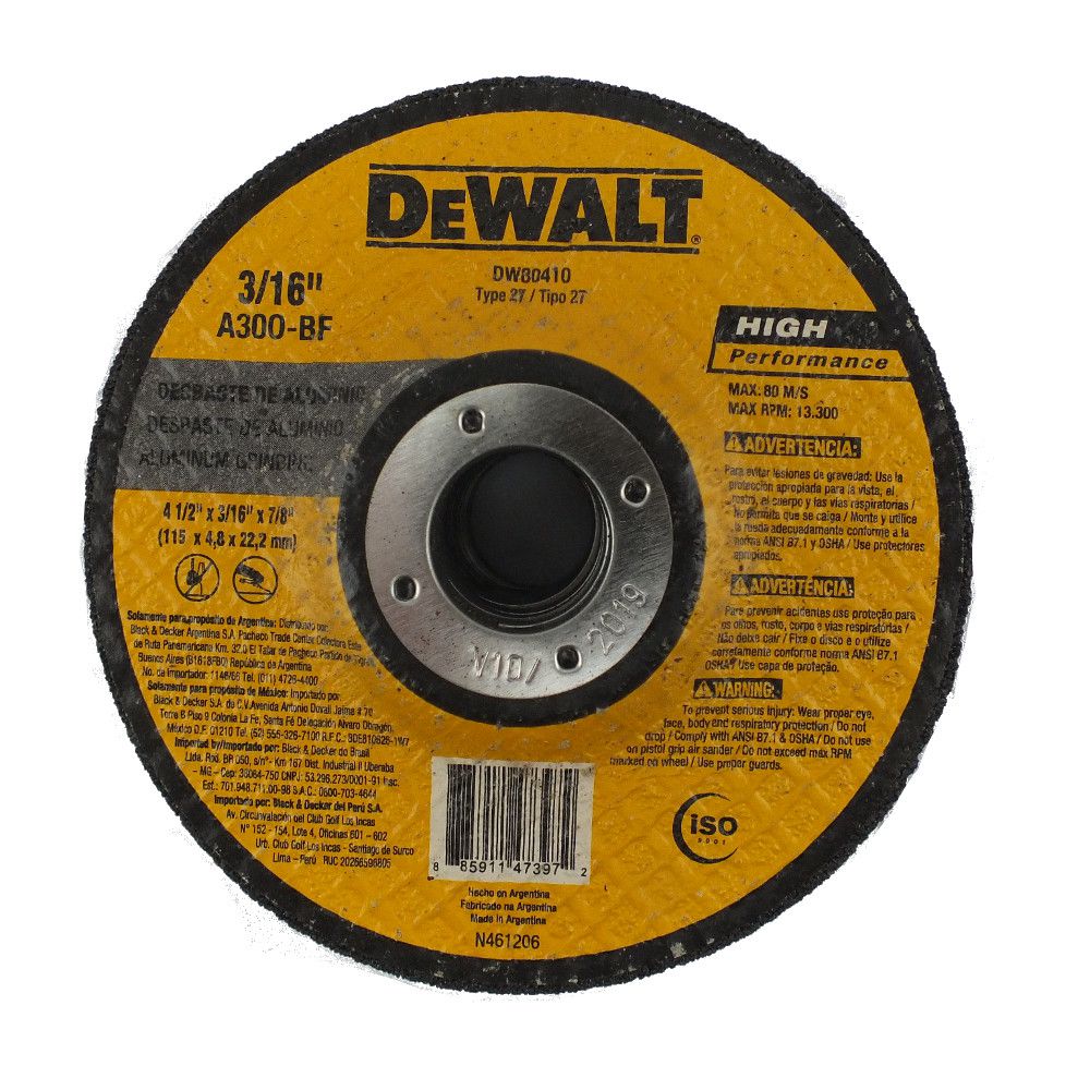 DISCO LIJA TRASLAPADO DEWALT 4 1/2´´ X 7/8´´ CERAMICO N80 (DW8410C)