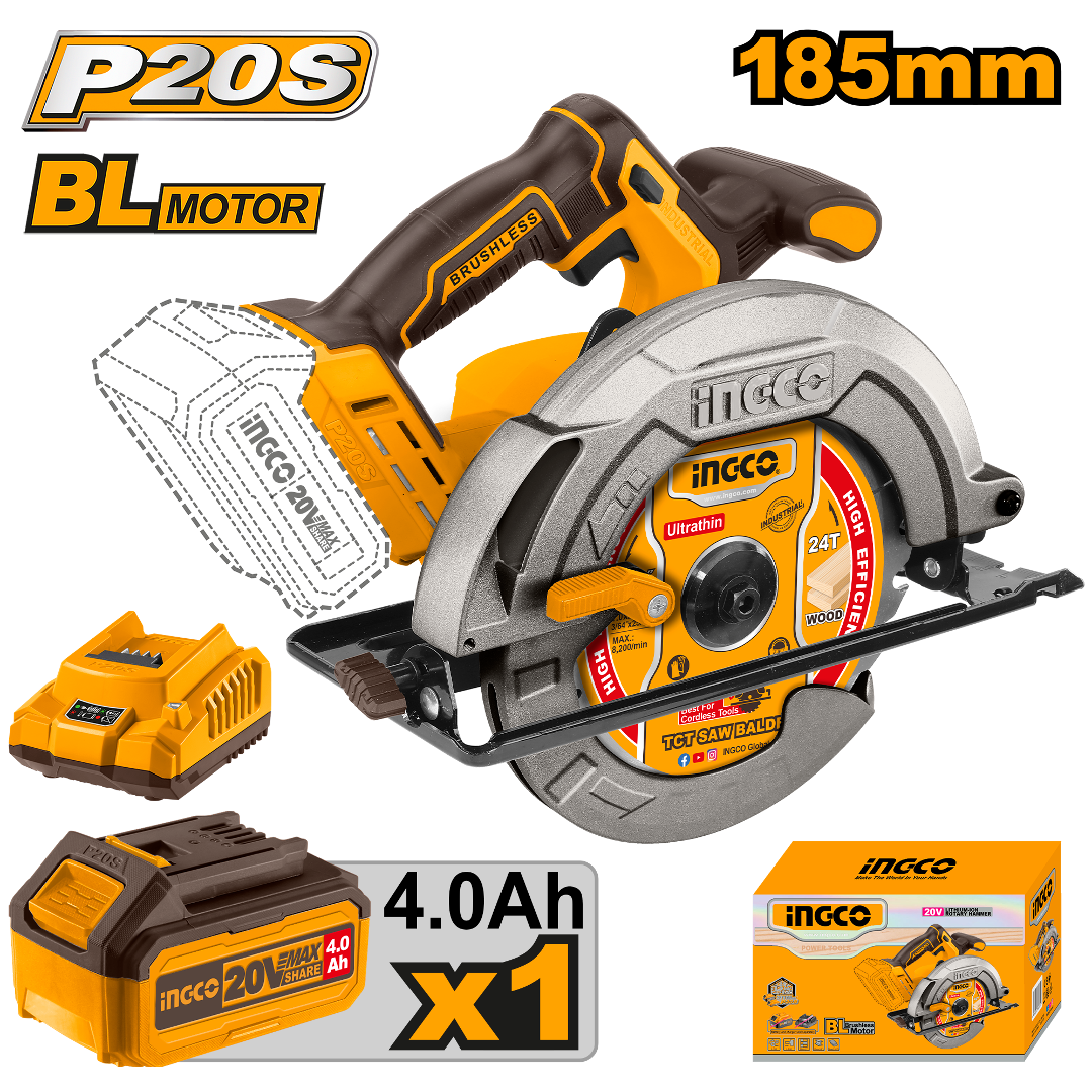 SIERRA CIRCULAR BL +BAT 4AH Y CARG +BATIDORA 7 1/4'' 20V/185MM INGCO (COSLI240207)