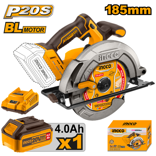SIERRA CIRCULAR BL +BAT 4AH Y CARG +BATIDORA 7 1/4'' 20V/185MM INGCO (COSLI240207)