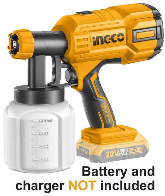 PISTOLA DE PINTAR INALAMBRICA 20V 0.1-0.2BAR 600ML/MIN INGCO (CSGLI2001)