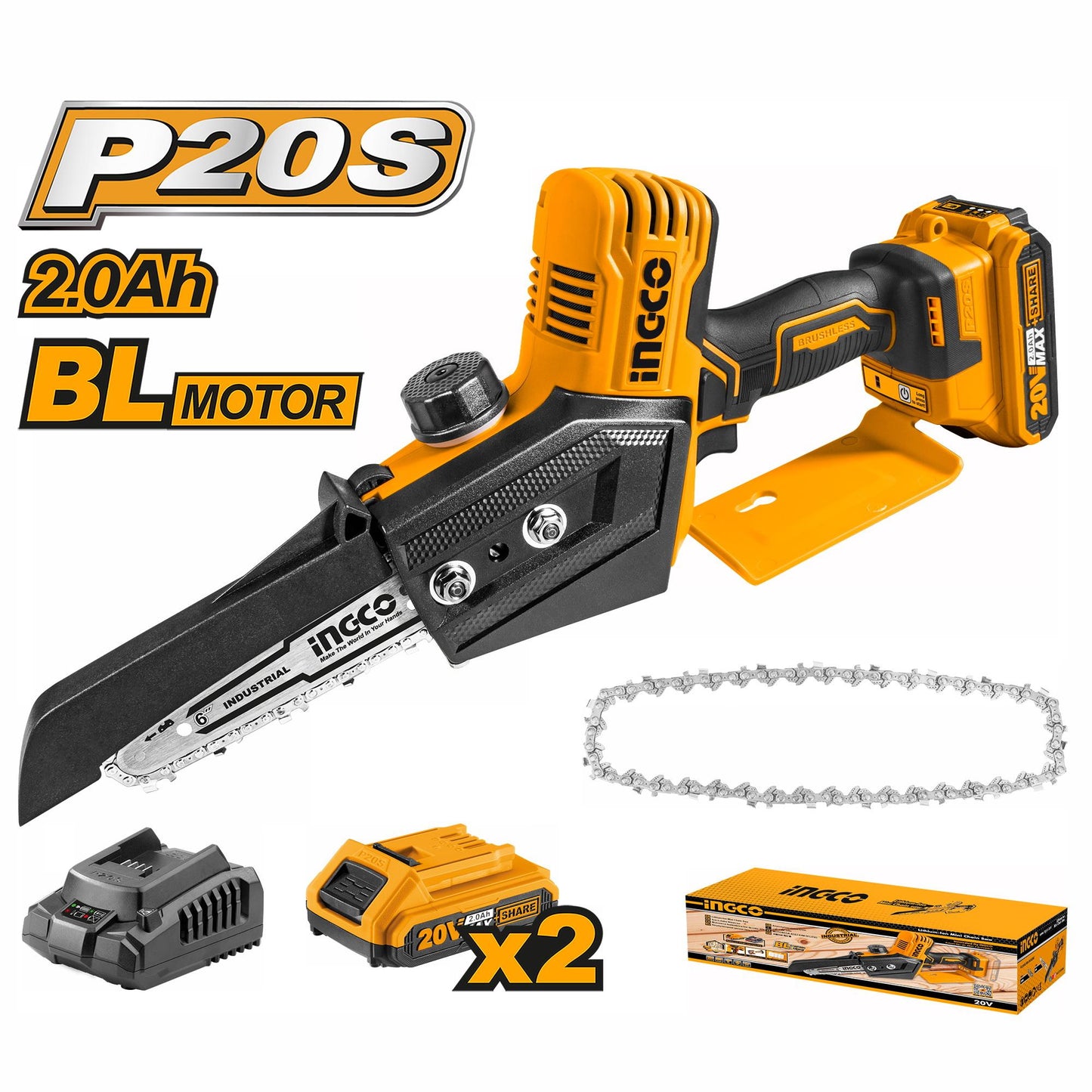 MINI MOTOSIERRA BL+  2 BATERIAS Y CARGADOR 20V/6" INGCO (CGSLI20682)