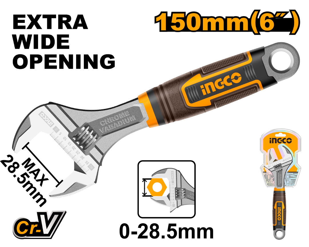 LLAVE FRANCESA AJUSTABLE 6´´ MANGO ANTIDESLIZANTE INGCO (HADW131068)