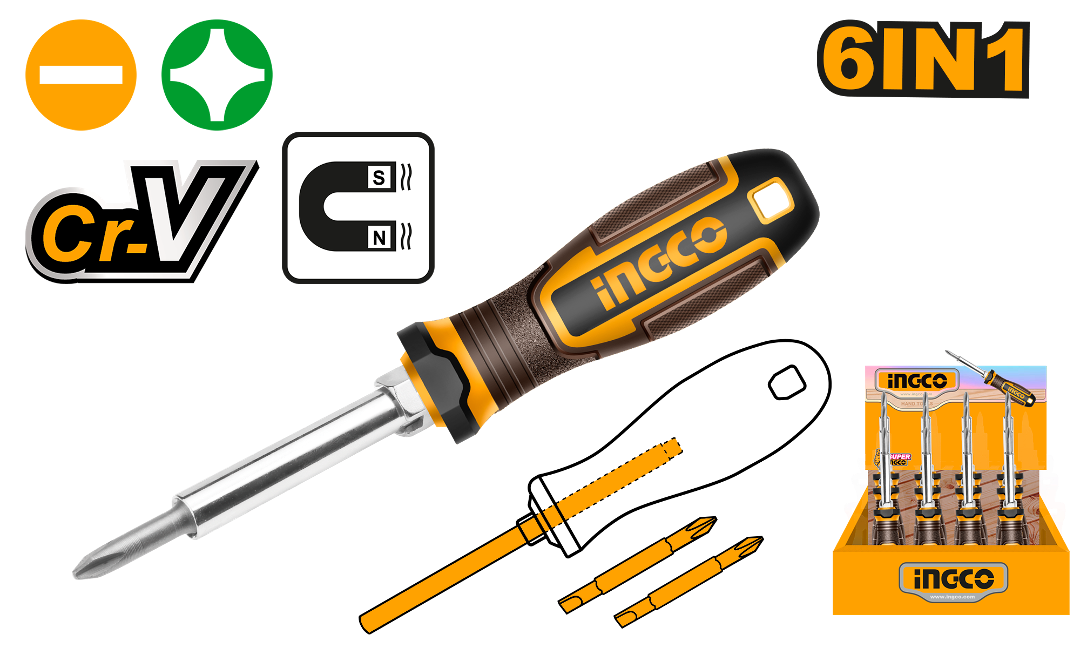 SET DE DESTORNILLADORES 75MM 6 EN 1 INGCO (AKISD0608)