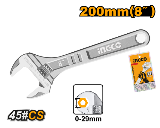 LLAVE FRANCESA AJUSTABLE 8´´ CROMADA INGCO (HADW131082)