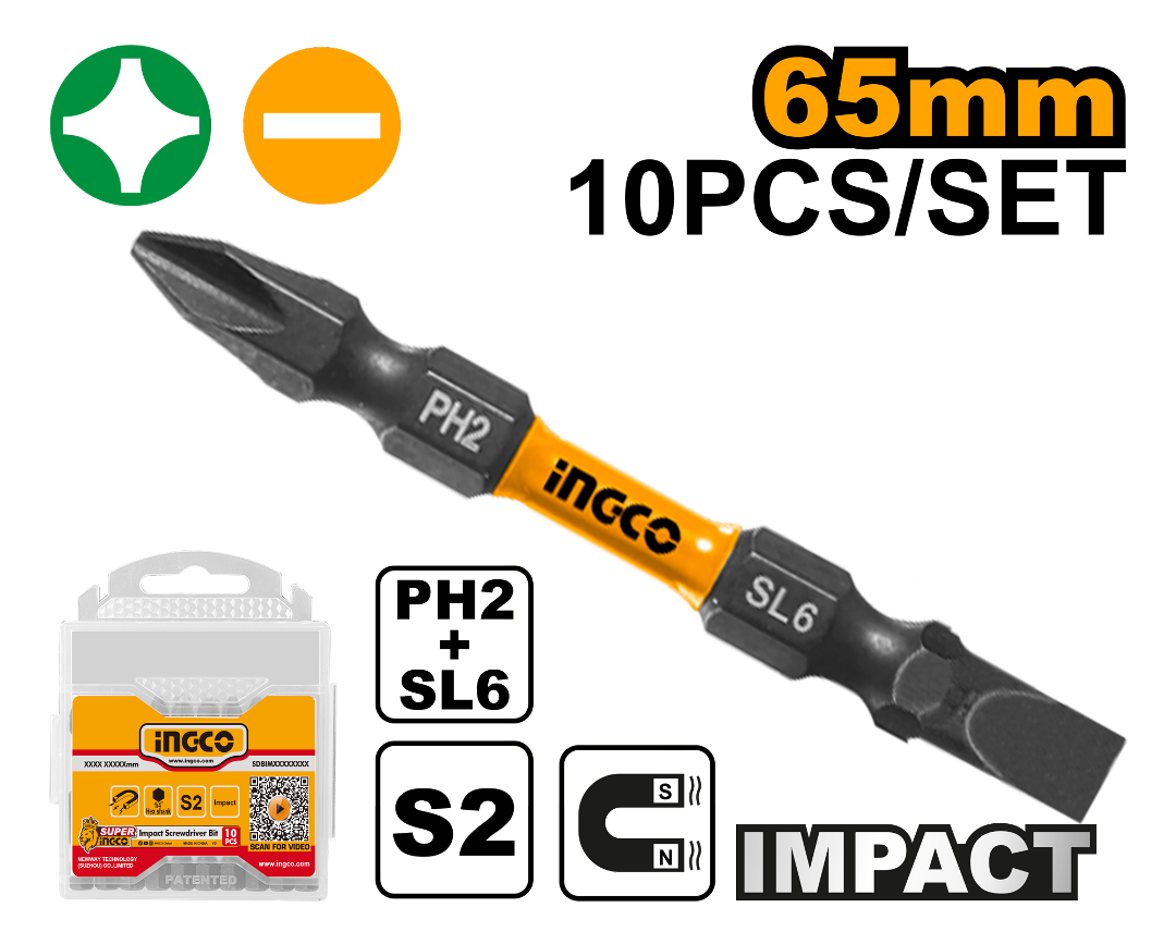 SET DE 10 PUNTAS PH2-SL6 65MM ACERO INDUSTRIAL INGCO (SDB21HL133)