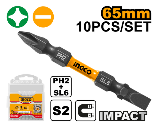 SET DE 10 PUNTAS PH2-SL6 65MM ACERO INDUSTRIAL INGCO (SDB21HL133)