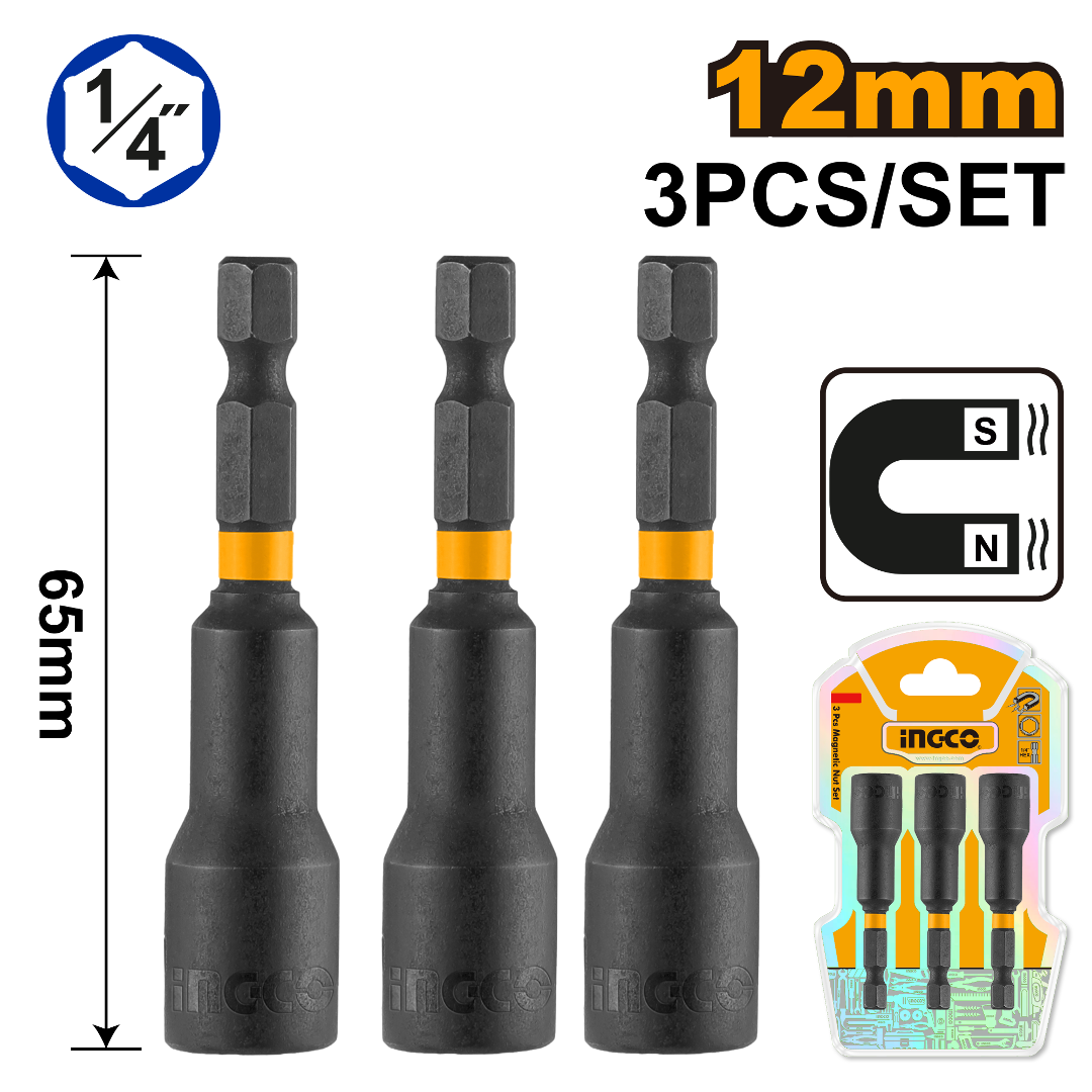 DADO HEXAGONAL MAGNETICO 3 PIEZAS 12MM-1/4'' INGCO (AMN1231)