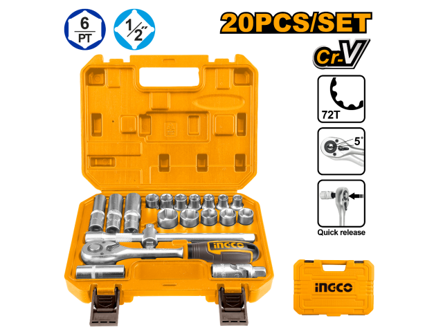 SET DADOS Y CHICHARRA INDUSTRIAL 20 PIEZAS 1/2'' INGCO SS (HKTS12201)