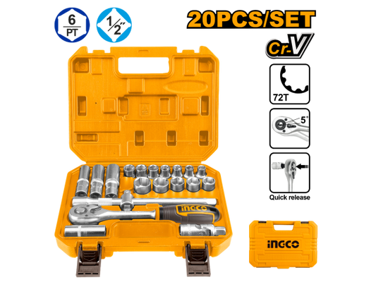 SET DADOS Y CHICHARRA INDUSTRIAL 20 PIEZAS 1/2'' INGCO SS (HKTS12201)