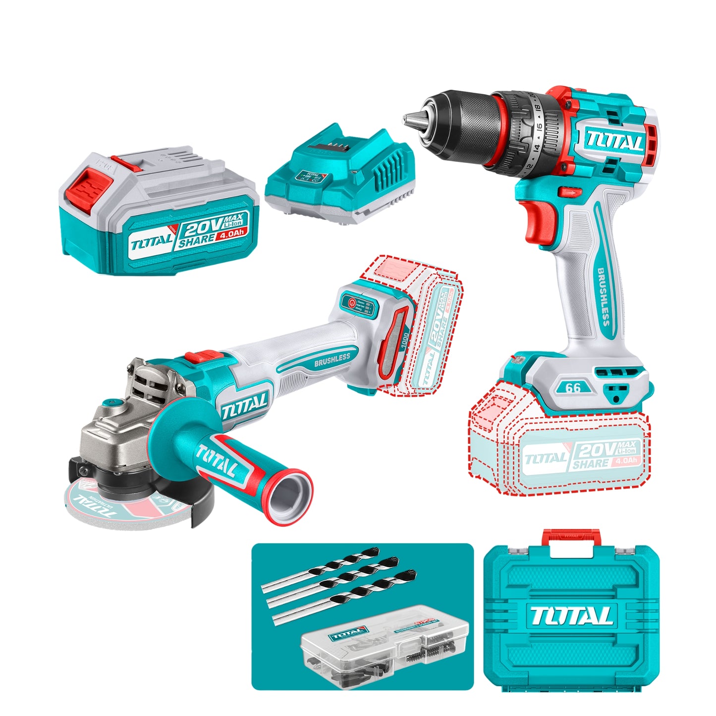 KIT TALADRO IMPACTO + ESMERIL INALAMBRICO TOTAL (TCKLI20273)